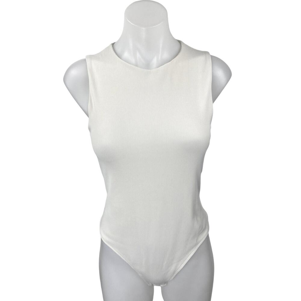 Aritzia Babaton White Sleeveless Ribbed Knit Tank Thong Bodysuit Top Size L